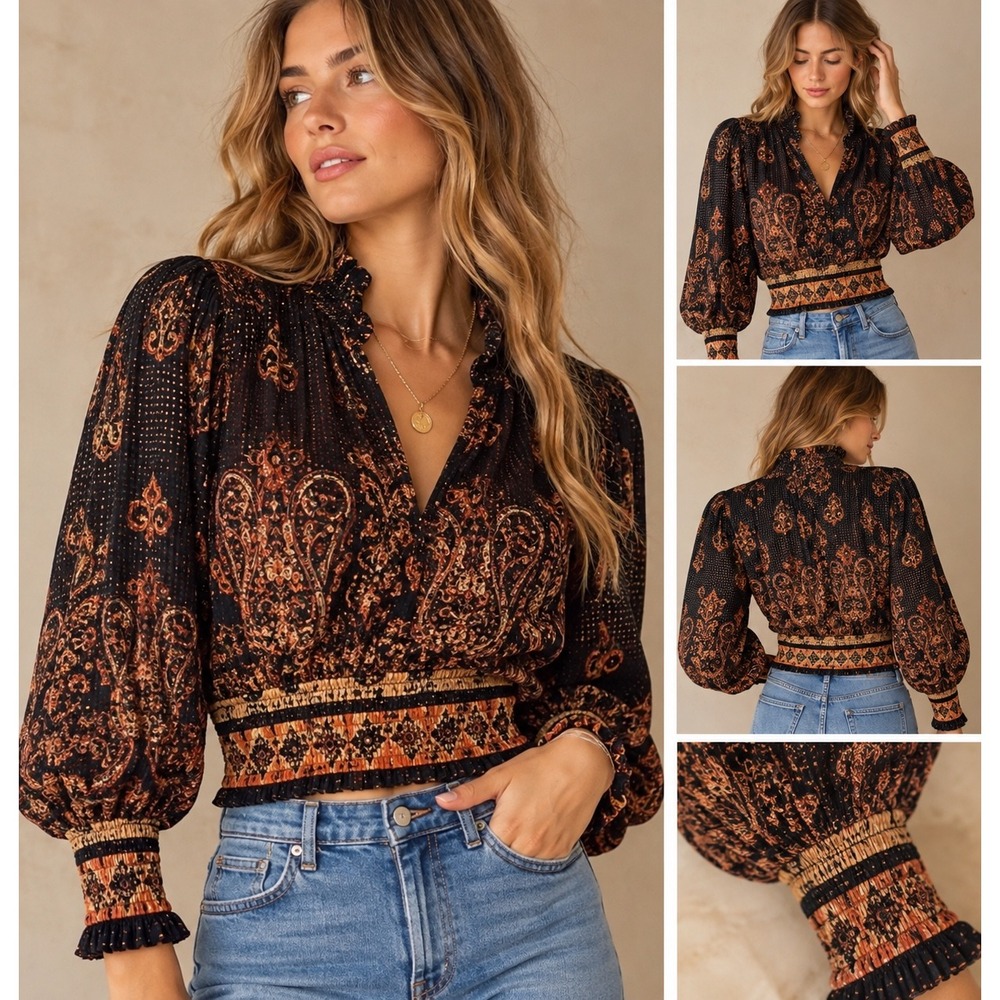 Free People FP One Smocked Paisley Blouse Navy Orange XS OB1066170